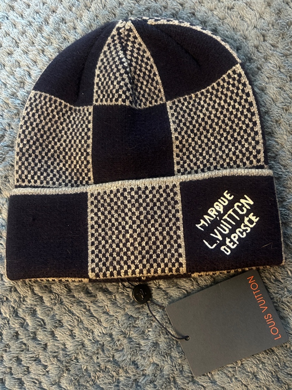 Navy and Cream Checkerboard Beanie
